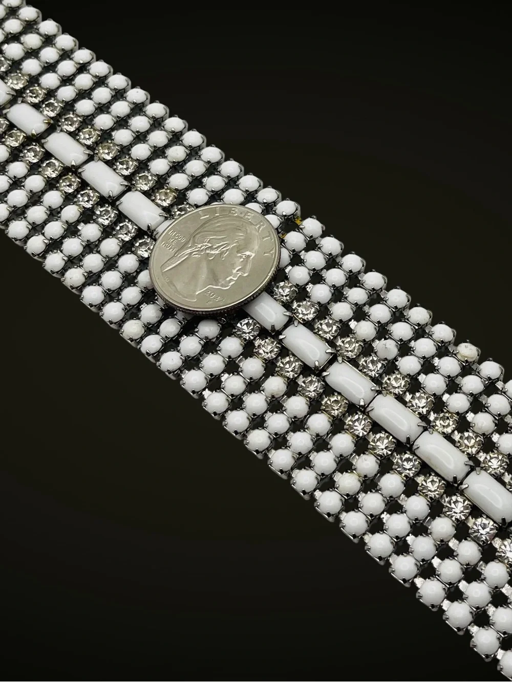 Stunning Vintage MidCentury Milk Glass and Rhinestone Statement Bracelet Estate
